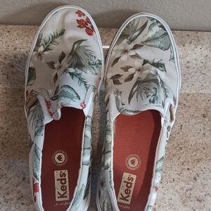 Keds Floral Slip-On Canvas Shoes in White with Green and Red Accents